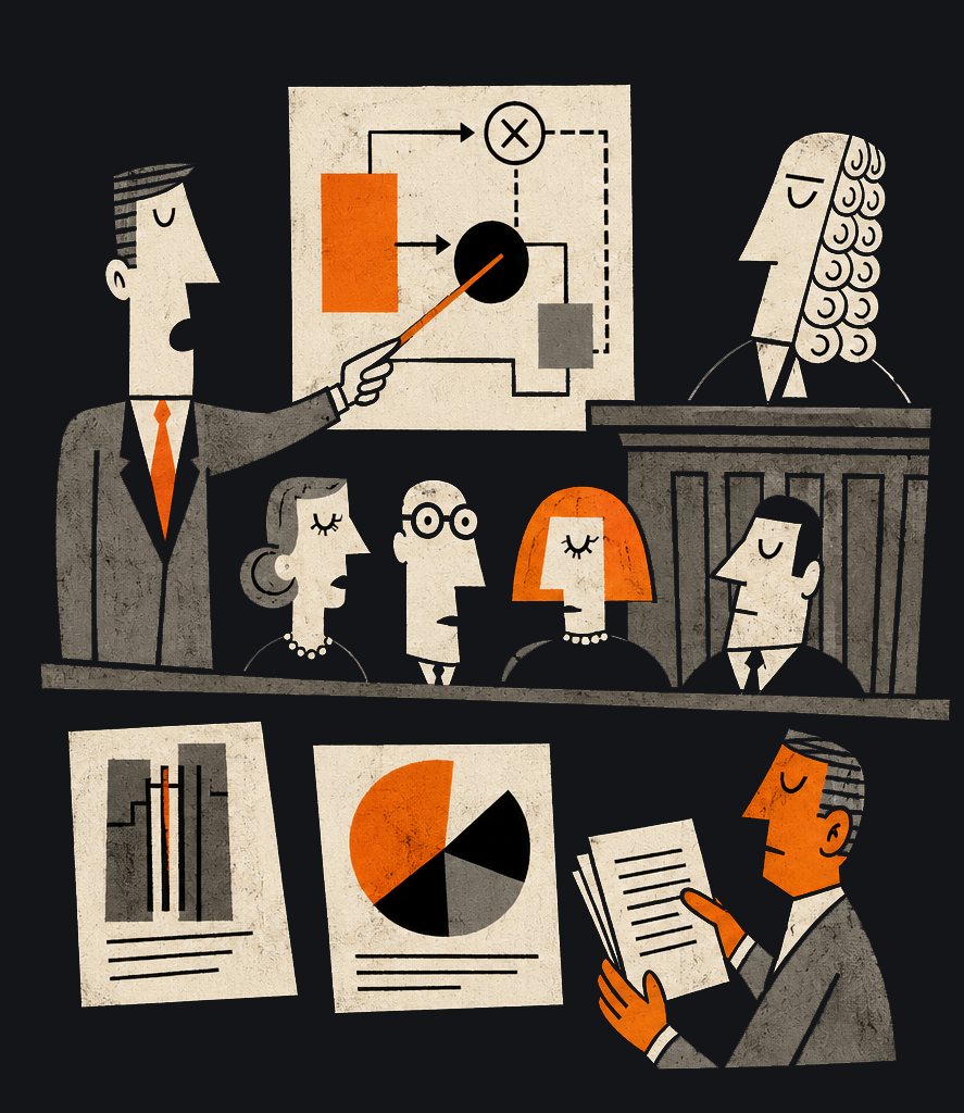 Illustration: counsel presenting a demonstrative to judge and jury