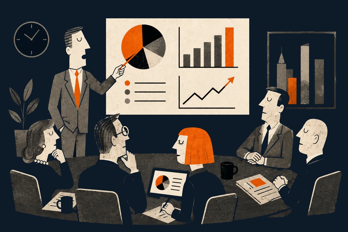 Illustration: an executive presenting charts to a boardroom